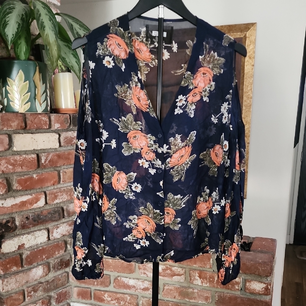 Reformation Navy Floral Button Front Blouse | Orange & White Print | Sustainable
